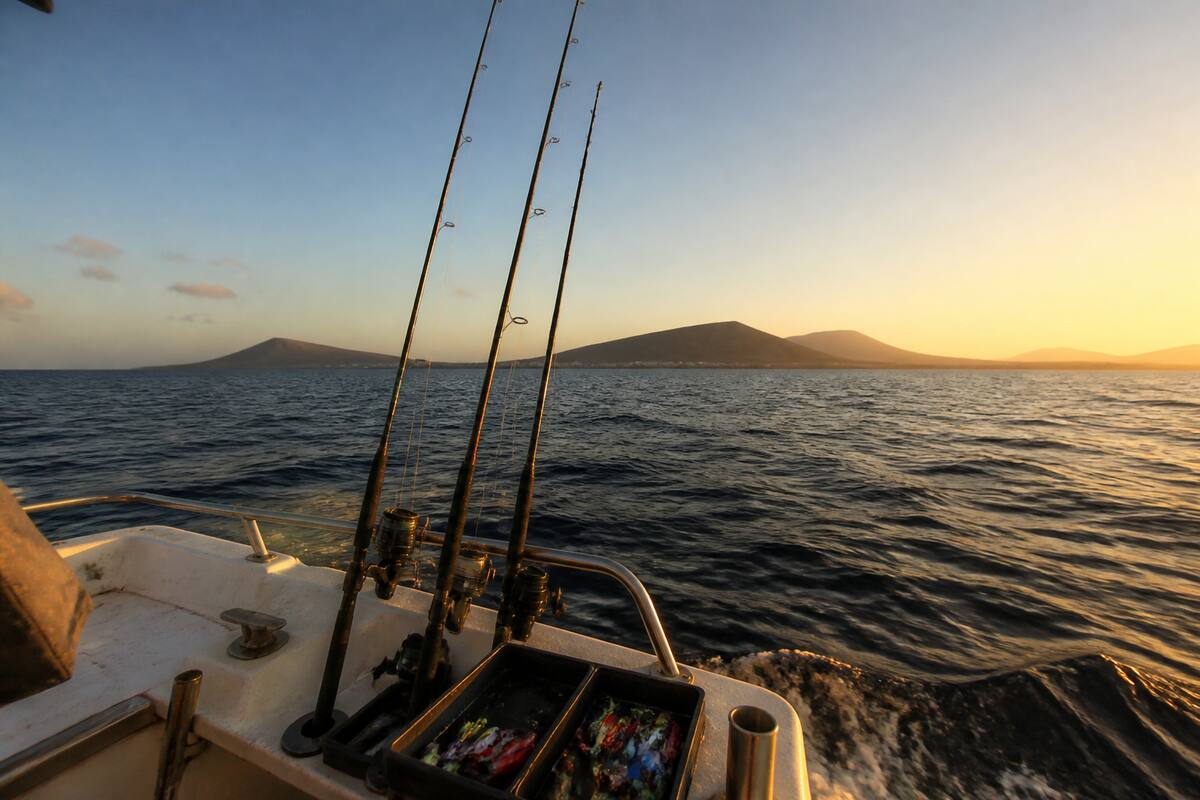 Realistische foto van een vissersboot op de Atlantische Oceaan bij Lanzarote tijdens een vissessie